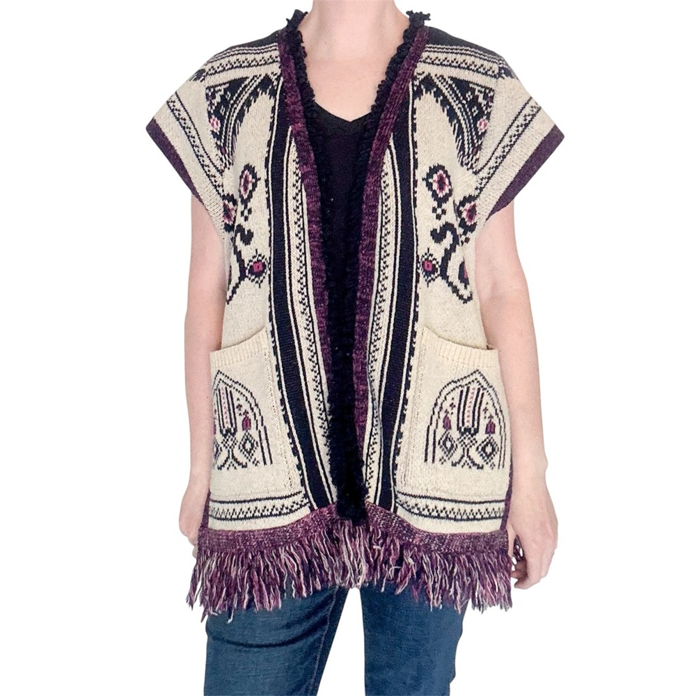 Angel of the North Wool Cream Sweater Vest Fringe Boho Open Front Anthropologie